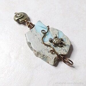 Huge Snakeskin Jasper Turtle Pendant ~ Cream Blue Bronze - Coastal Cowgirl Style